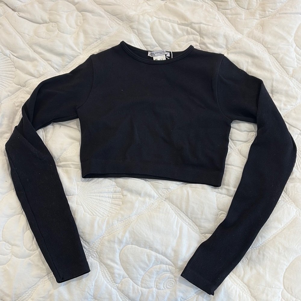 Zara Black Fitted Crop Top with Long Sleeves